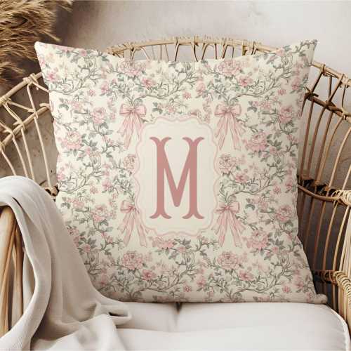 BABY GIRL Monogram Pillow,Grandmillenial Nursery, Vintage Floral with Pink Bows,Personalized Toddler Girl Cushion,Granny Chic Nursery Decor