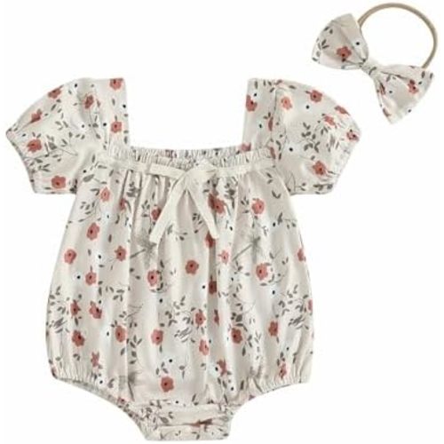 Newborn Baby Girl Summer Clothes Floral Short Sleeve Smocked Bubble Rmper Jumpsuit Bodysuit Boho One Piece Clothes
