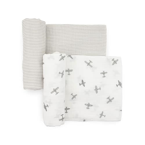 Little Unicorn 100% Certified Natural Organic Cotton Muslin Swaddle Blanket 2 Pack | Giftable Set of 2 swaddles (Pewter Planes)