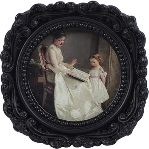Vintage Picture Frames 3x3 Round Black - Antique Ornate Small Picture Frames with Hooks and Easel Stand Wallet Size Victorian Decor for Gallery Wall and Tabletop