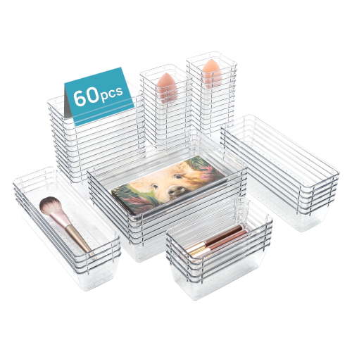 Vtopmart 60 PCS Drawer Organizer, 4-Size Clear Plastic Bins Containers, for Bathroom and Vanity Storage