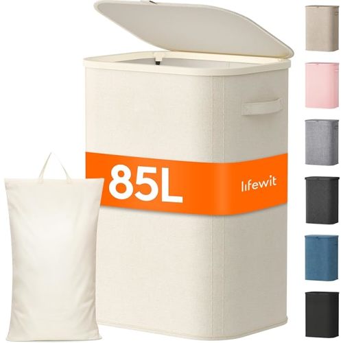 Lifewit 85L Large Laundry Hamper with Lid, Removable Inner Bag, White