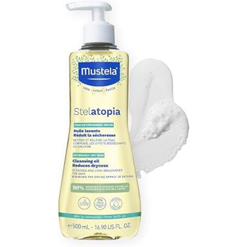 Mustela Stelatopia Eczema-Prone Skin Cleansing Oil - Baby Body Wash with Natural Avocado & Sunflower Oil - Family Skin Care Essentials - EWG Verified - Fragrance-Free & Tear Free - 16.9 fl. oz.