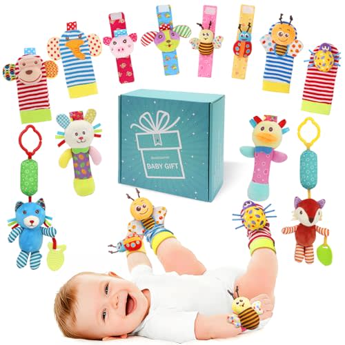 Baby Hanging Rattle, Wrist Rattles Foot Finder Rattle Sock, Hand and Feet Rattle Toy, Newborn Present Baby Shower Birthday Gift Set for0 3 6 9 12 24 to 36 Months Babies(12 E)