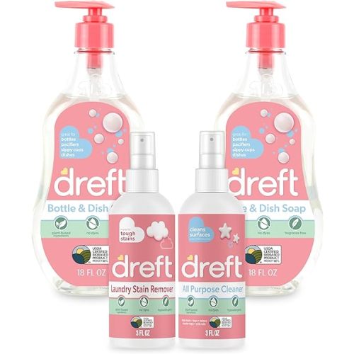 DREFT Bottle and Dish Soap Baby Gift Set - Bonus Travel Size Dreft All Purpose Cleaner & Stain Remover - Made to Clean Baby Essentials - Plant Based Ingredients, Fragrance Free Formula - 4 Piece Set