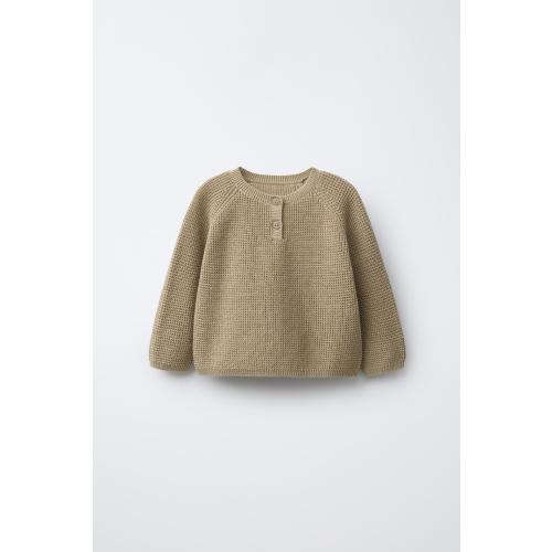 WAFFLE KNIT HENLEY JUMPER - Greenish | ZARA United States