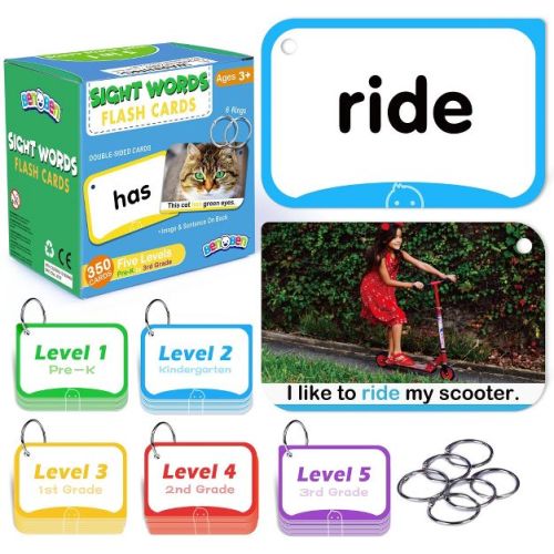 LotFancy 350 Dolch Sight Words Flash Cards with Pictures and Sentences for Kids Age 3-9, 5 Levels