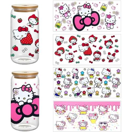 4PCS UV DTF Cup Wraps, Waterproof Tumbler Decal Stickers for 16OZ Glass Cups, DIY Heat Transfer Vinyl Stickers for Cups (Color 4.)