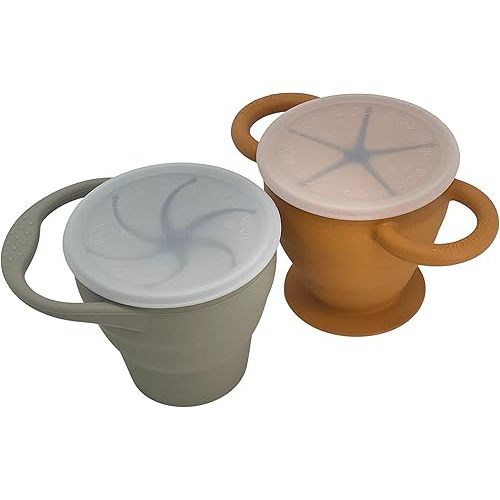 | Snack Attack I&II Baby Snack Cup Silicone | 2 pack | Collapsible Toddler Snack Cup (Fog and Honey Ginger)