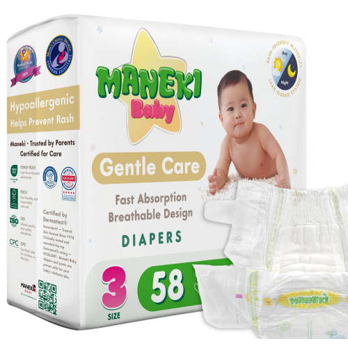 MANEKI Baby Disposable Baby Diapers Size 3 (12-24 lbs) 58 Count, Up to 12-Hour of Comfort, Leak Protection, Super Absorbent, Hypoallergenic (Select for More)
