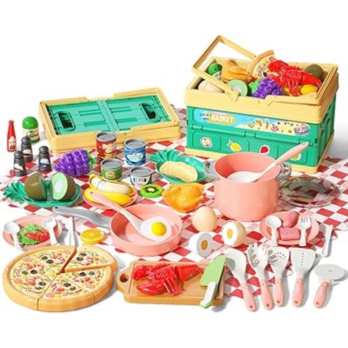 80pcs Pretend Play Kitchen Set for Toddlers, Kids Cookware Playset with Pots/Pans/Food/Fruits/Vegetables/Picnic Blanket/Storage Basket, Pink Educational Learning Toy Gift for Boys & Girls