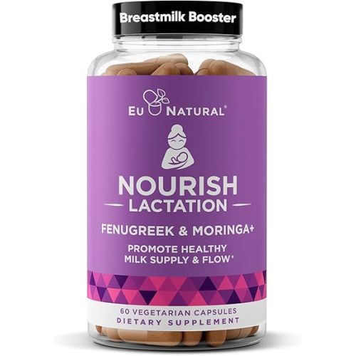 Eu Natural Nourish Lactation Supplement - Postpartum Support for Healthy Milk Flow & Production - Fenugreek Capsules for Women with Milk Thistle, Fennel Seed & Organic Moringa, 60 Vegan Soft Capsules