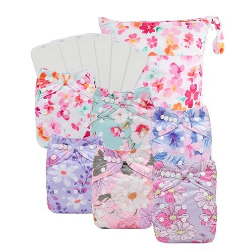 Babygoal Baby Cloth Diaper 6 Pack with 6pcs Inserts and Wet Bag for Fitted Diapers and Prefolds, Adjustable and Reusable Covers for Toddler Boys and Girls