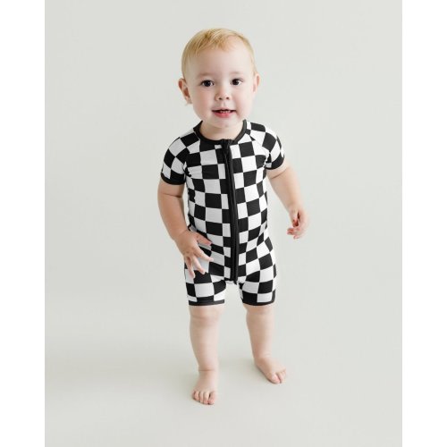 Bamboo Shorty Romper | Black Checkered