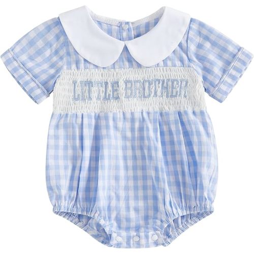 Licupiee Infant Boy Short Sleeve Smocked Romper Babydoll Collar Embroidery Letter Bubble Bodysuit Newborn Baby Summer Clothes (Blue Little Brother, 0-3 Months)