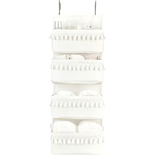 Dahey Over The Door Organizer Boho Nursery Storage Decor Closet Hanging Organizer with Tassels Decoration for Bedroom Nursery Bathroom Apartments Dorm Pantry, 4 Pockets, White and Grey