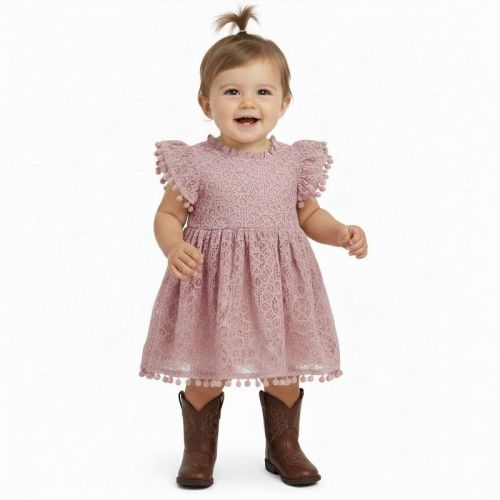2Bunnies Lace Pom Pom Trim Baby Girl Dress