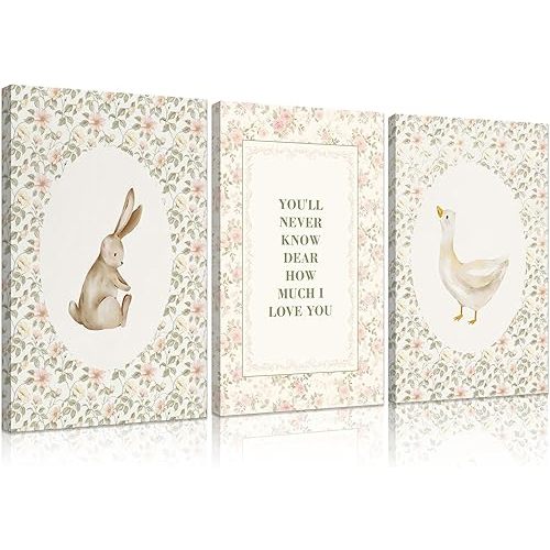 3Pcs Vintage Nursery Canvas Wall Art Silly Goose And Bunny Wall Decor Baby Kids Poster Prints Cute Animal Rabbit Goose Pictures Sweet Floral Painting for Girls Boys Room Bedroom Playroom 12x16in