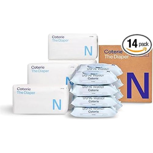 Coterie Baby Wipes + Diapers Kit, Size 1 (99 Count) & Size Newborn Diapers (93 Count), 8 Pack (448) Baby Wipes with 99% Water, Plant Based Materials, Hypoallergenic for Sensitive Skin