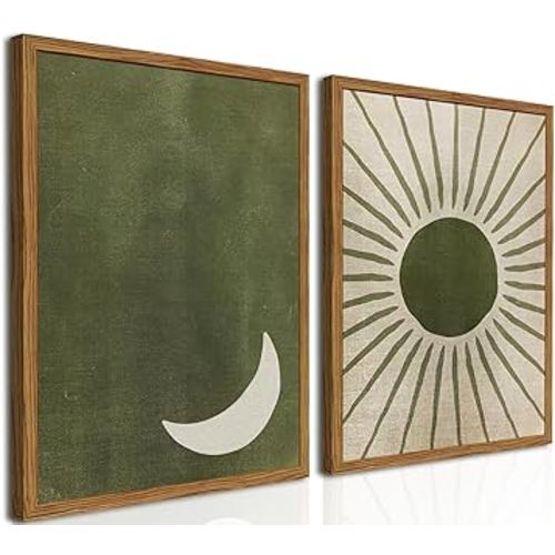 Framed Boho Sun and Moon Canvas Wall Art Set of 2, Vintage Sage Green Bohemian Pictures Wall Decor, Mid Century Modern Abstract Minimalist Paintings Prints for Living Room Bedroom Office 16x24 inch