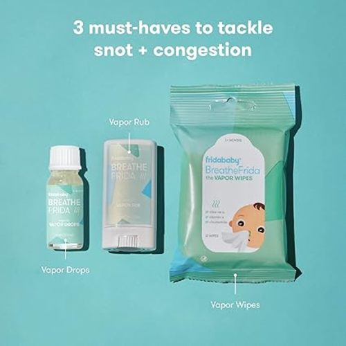 Frida Baby Breathe Easy Kit Sick Day Baby Essentials - 3pc Set Includes Vapor Wipes, Vapor Rub + Organic Vapor Drops to Help Baby Breathe Easy, Natural Baby Congestion Relief