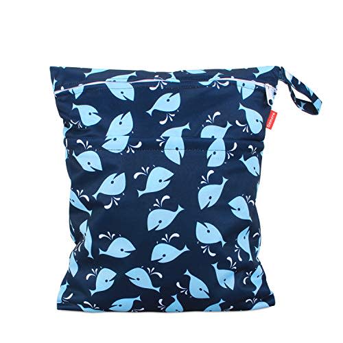 Damero Cloth Diaper Wet Dry Bag with Handle for Swimsuit, Pumping Parts, Wet Clothes and More, Ideal for Travel, Exercise, Daycare, Swimming, Reusable and Water-Resistant (Medium,Whale)