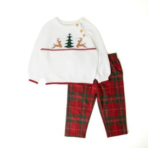 Picolette by Olivia Culpo Boys' 2pc Christmas Reindeer Sweater and Plaid Pants Set - Red/Beige 3M