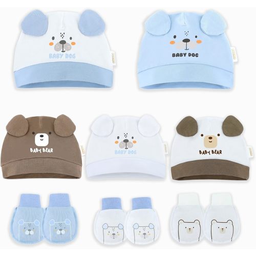 DOKMA Juego de manoplas y gorras de algodón orgánico con adorable diseño de oso para recién nacido de 0 a 6 meses, sin arañazos, ultra suave, 5 tapas x 3 mitones, bonito azul