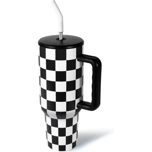 CHLJAR 40 oz Tumbler with Handle, Checkered Insulated Tumbler Stainless Steel Vacuum Water Bottle Cup Travel Coffee Mug Gifts for Men Women Birthday Christmas, Black and White
