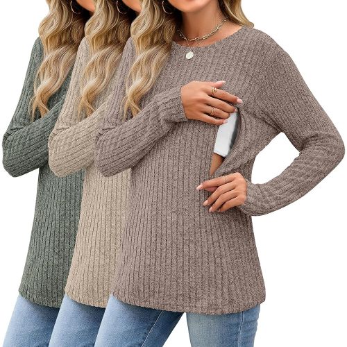 3 Pack Women's Nursing Long Sleeve Tops Breastfeeding Thermal Sweaters with Hidden Zipper Maternity Ribbed Shirts