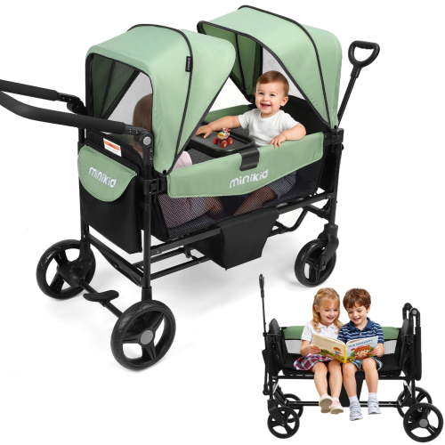 Minikid Baby Stroller Wagon for 2 Kid,Push Wagon Stroller with Canopy,Removable Dinner Plate, 5-Point Harness,Adjustable Handle Bar,Green