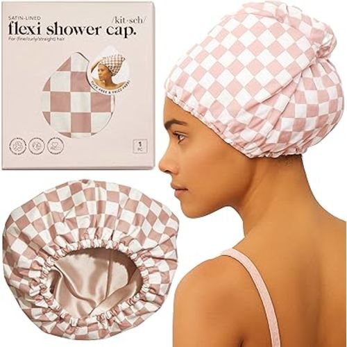 Kitsch Luxury Shower Caps for Women Reusable Waterproof - Flexi Satin Lined, Large Wide Shower Cap for Women & Men, Adjustable, Stylish Hair Cap for Shower, For Long & Short Hair - Terracotta Checker