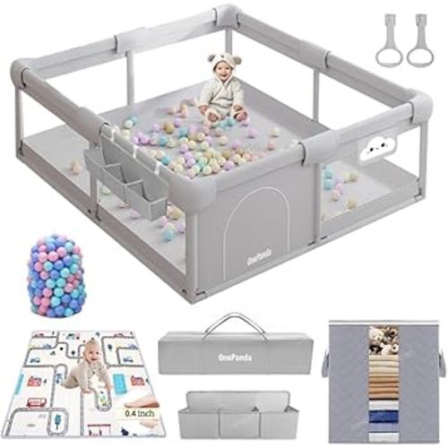 Large Baby Playpen with Mat, 71"x59" with Thickened Anti-Collision Sponge for Babies and Toddlers, with Ocean Balls, Gate, Storage Bag, Playard Gym for Babies, Activity Center, Kids Fence Gray