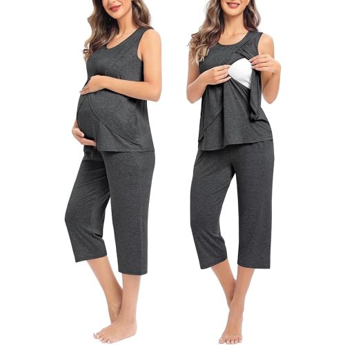 SWOMOG Women Maternity Pajama Set Nursing Pjs Double Layer Sleeveless Top Capri Pregnancy Set Breastfeeding Pjs with Pockets