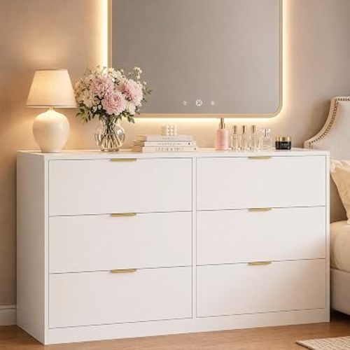 White 6 Drawer Dresser for Bedroom,Modern Large 6 Deep Drawer Dresser with Gold Handle,Dressers for Closet Living Room,Nursery,Hallway
