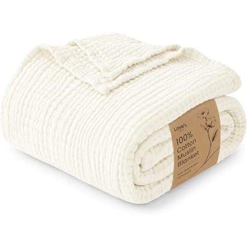 Love's cabin 100% Cotton Muslin Blanket Queen Size for Bed, Ivory
