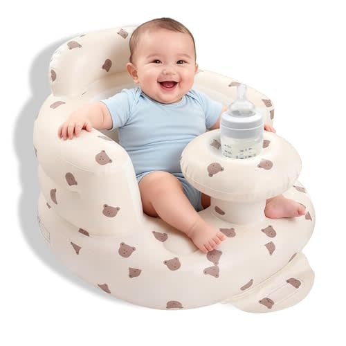 Arscniek Inflatable Baby Seat Built in Air Pump, Blow Up Baby Chair with Back Support and Tray, Sit Me Up Floor Seat for Babies 3-36 Months, Portable Infant Chairs for Indoor and Outdoor - Bear Head | Built-in Pump, High-Back Support & Wide Base, Soft-...