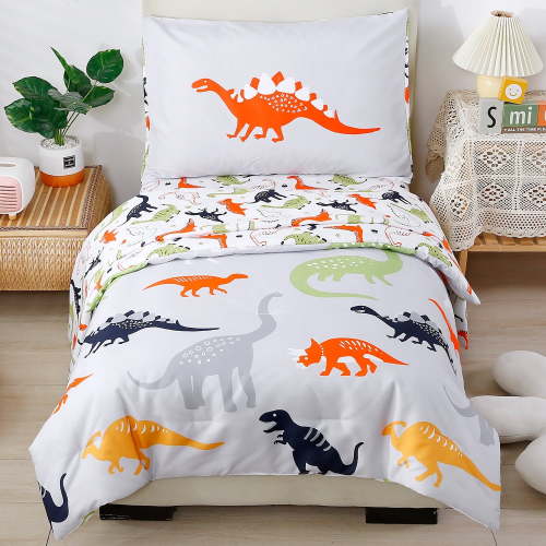 PERFEMET 4-Piece Toddler Bedding Set - Ultra Soft Cartoon Jurassic Dinosaur Print Boys Toddler Comforter Set - Include Comforter, Flat Sheet, Fitted Sheet and Reversible Pillowcase, Gray Dinosaur