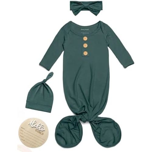 Baby Noah Newborn Knotted Gown, Ultra-Soft Silky Long Sleeve Sleeper, Unisex Coming Home Outfit Set With Wooden Name Sign