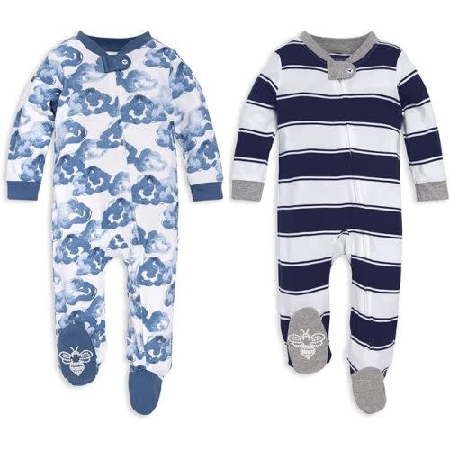 2-pack Burt's Bees Baby Boys Sleep and Play PJs, 100% Organic Cotton One-Piece Zip Front Romper Jumpsuit Pajamas