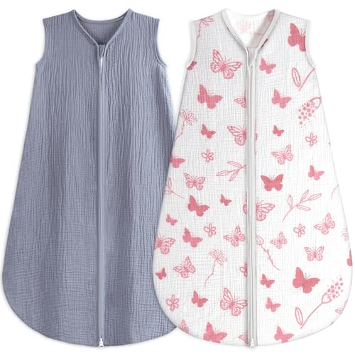 BSTOPPT 2 Pack Baby Sleep Sack 0-6 Months 100% Organic Cotton Muslin Baby Sleeping Bag 2-Way Zipper Wearable Blankets TOG 0.3 (Gray & Pink Butterfly, Small)