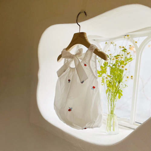 Baby Milk SS25 Floral Embroidery Sleeveless Tie Back Bubble Romper (3-18m) - Ivory | AT NOON STORE