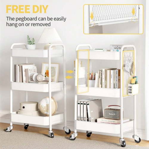 3 Tier Rolling Utility Cart with Wheels - Metal Storage Organizer (Pegboard Hooks + Bins) for Bathroom, Kitchen, Diaper/Craft/Art/Lash Supplies