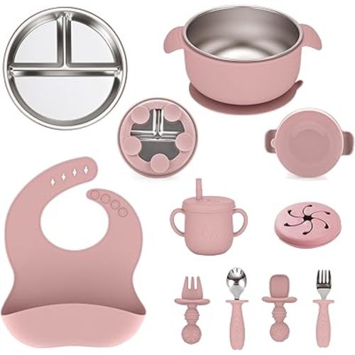 Ensemble d'assiettes et bols en acier inoxydable pour bébé avec ventouse amovible en silicone facile à nettoyer avec cuillère en acier inoxydable pour enfant - Fourchette et bavoir en silicone - Rose