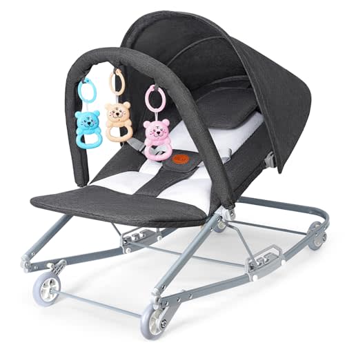 HKAI Rocking Baby Bouncer with Canopy, 2-Mode Rocking & Rolling Infant Seat, Portable Baby Chair for 0-18 Months, Grey