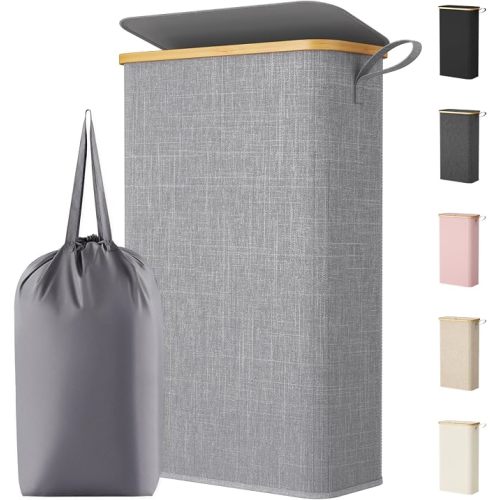 Lifewit 65L Slim Laundry Hamper with Lid, Narrow Laundry Basket with Removable Bag & Bamboo Handles, Fodable Thin Dirty Clothes Hamper for Laundry Collapsible Bin for Bathroom Bedroom Dorm, White
