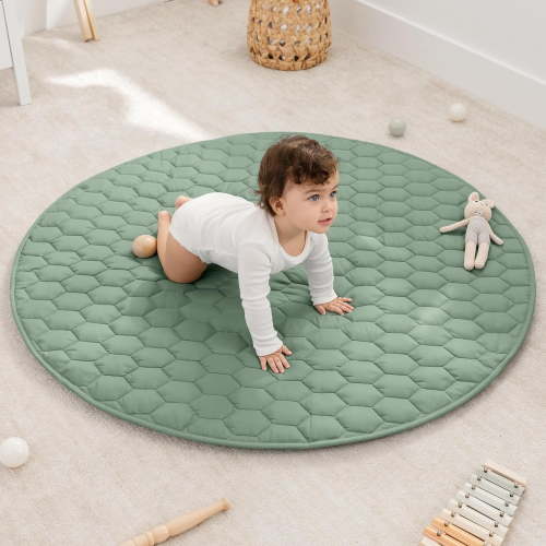 Comfy Cubs Premium Play Mat, Round (Medium) 48" - Kids & Toddler Play Mat Non-Slip Bottom - Fern