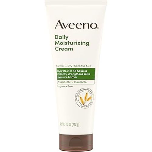 Aveeno Daily Moisturizing Cream with Prebiotic Oat & Shea Butter, Body, Face & Hand Cream for Normal to Dry, Sensitive Skin Hydrates for 48 Hours, Fragrance Free & Non-Comedogenic, 7.5 oz