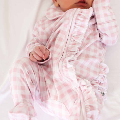 Peter Pan Collar Ruffle Zipper Footie | Rosy Gingham