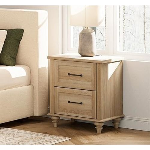 WAMPAT Nightstand with Charging Station, 20 Inch Night Stand with 2 Drawers, Wooden Rustic Bedside Table End Tables with Solid Wood Legs for Bedroom, Natural Oak